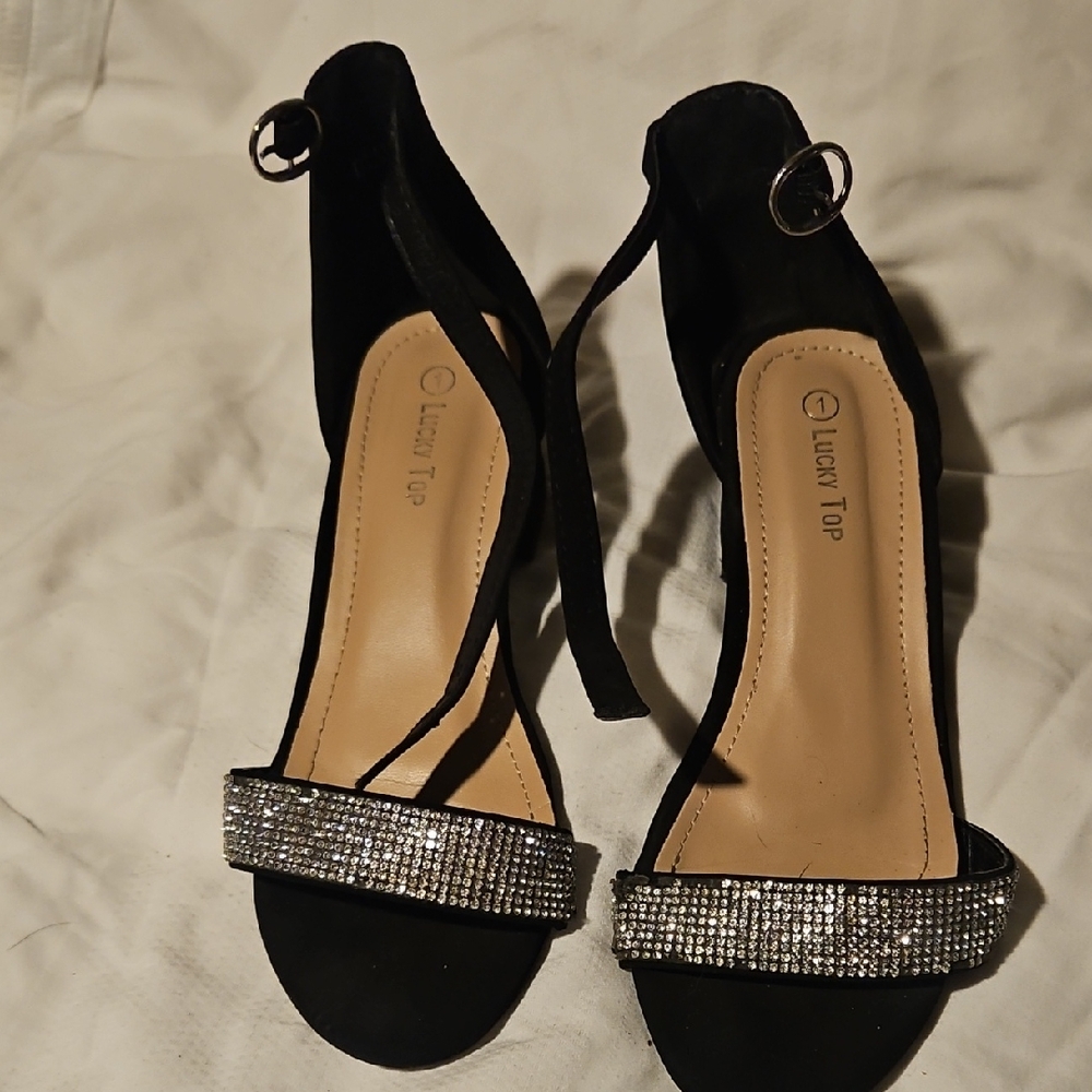 Lucky  Top Black Heels with Rhinestones
